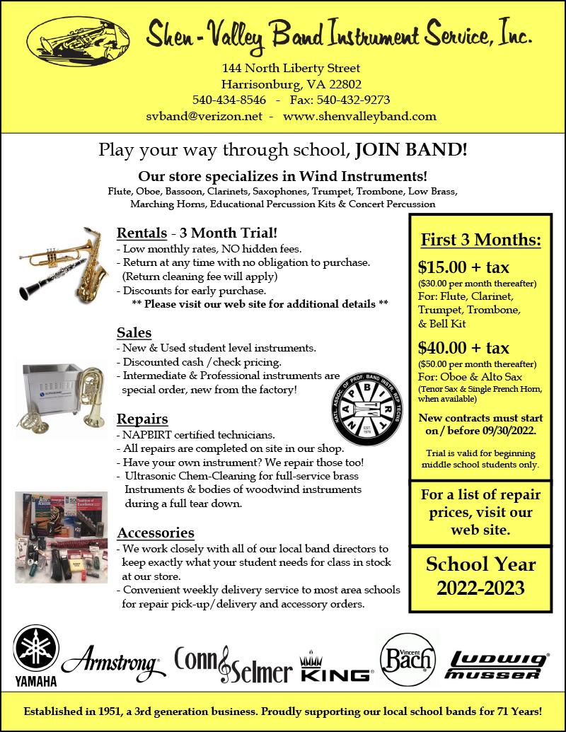 Shen-Valley Band rents musical instruments