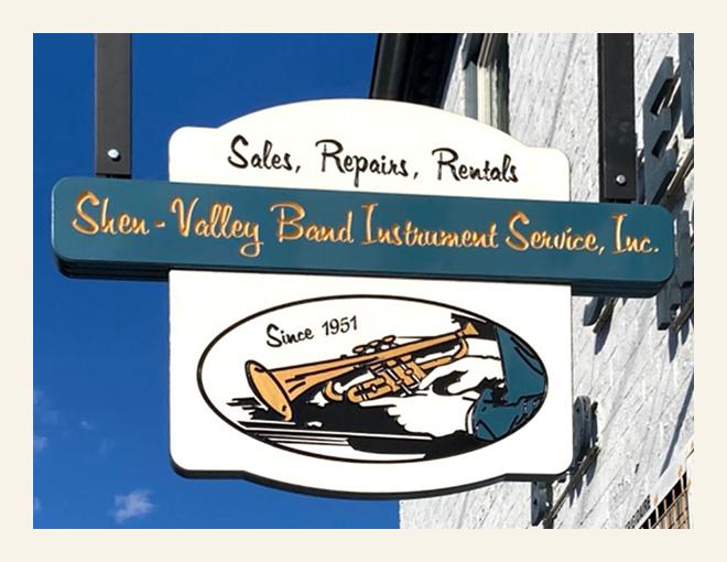 The original Shen-Valley Band Instruments logo was refreshed on this 2019 street signage.