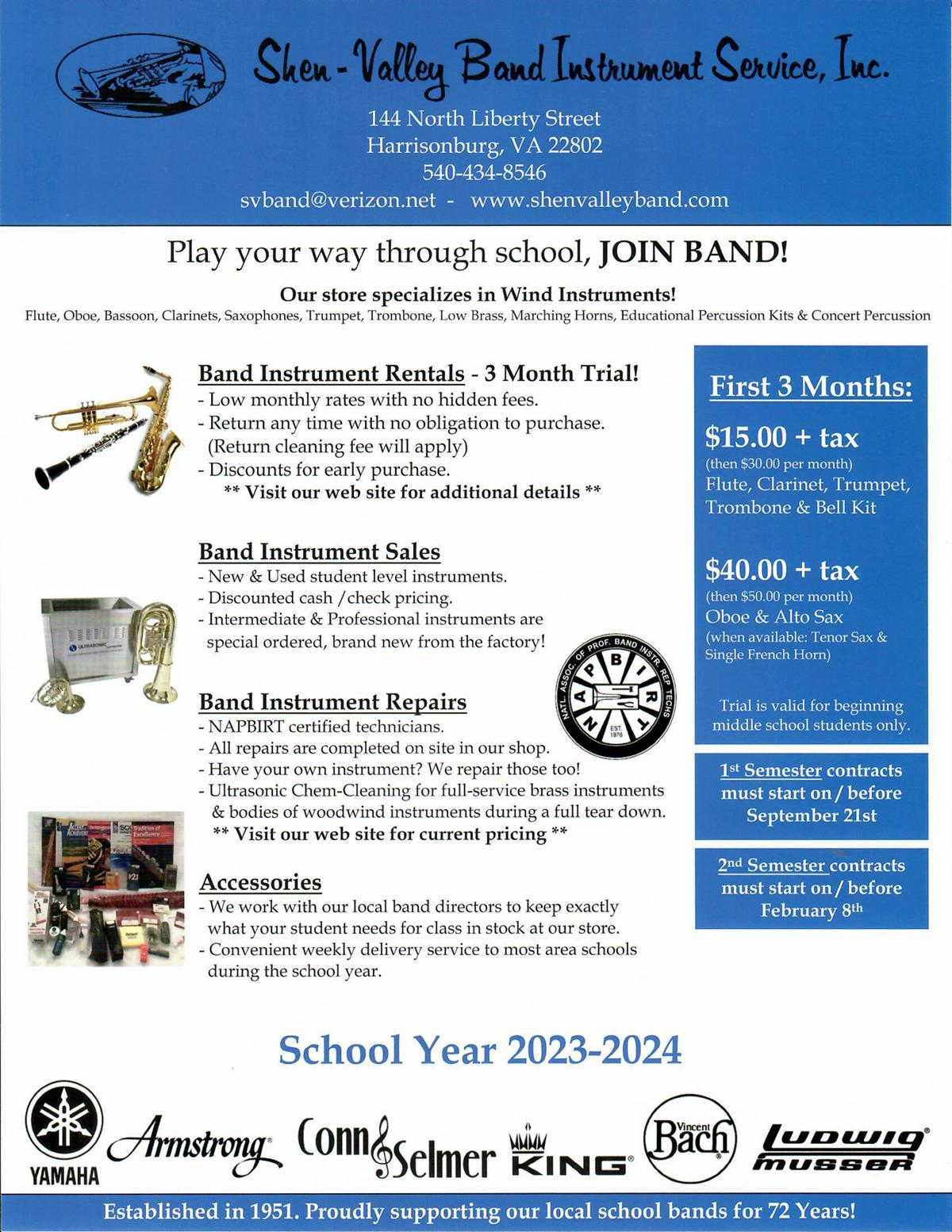 Shen-Valley Band rents musical instruments