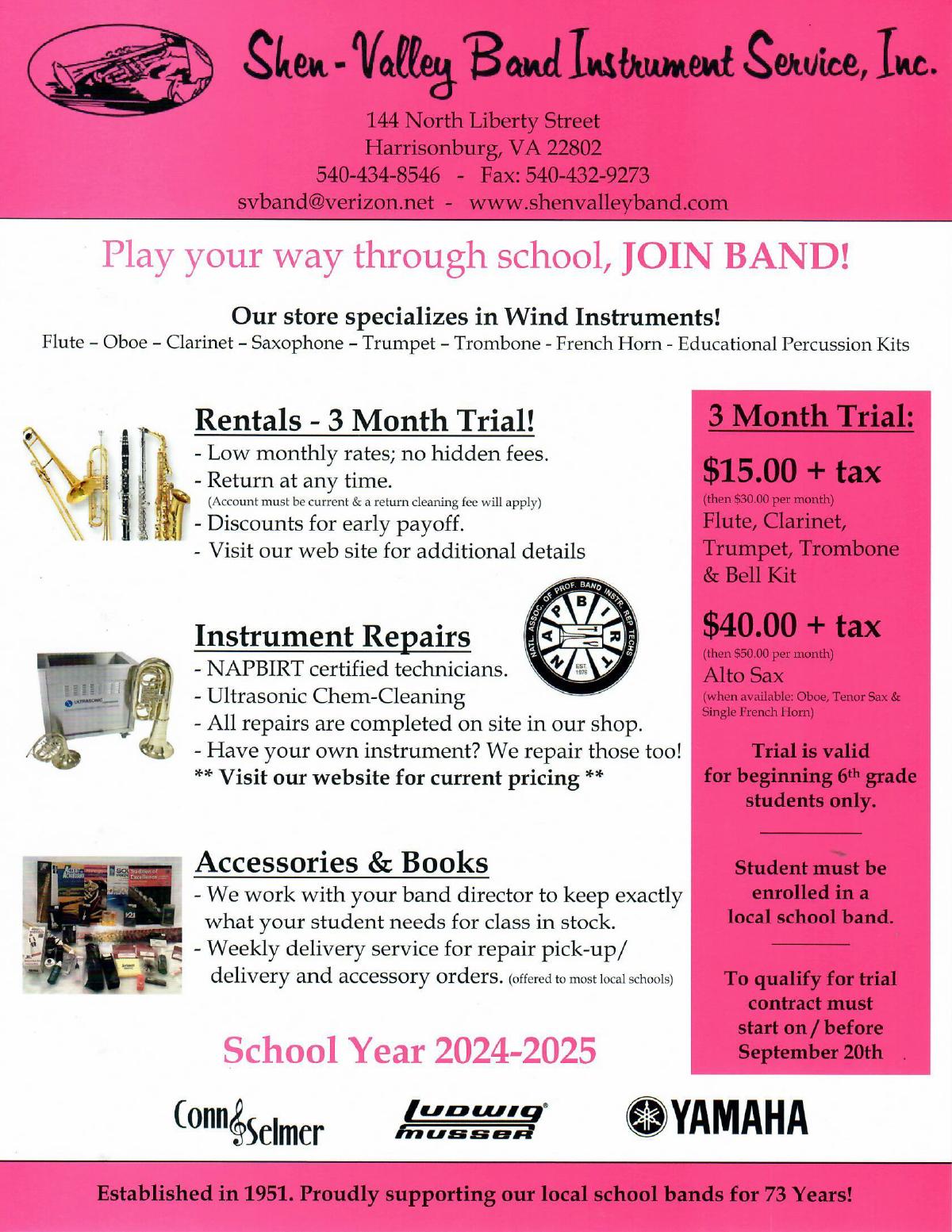 Shen-Valley Band rents musical instruments